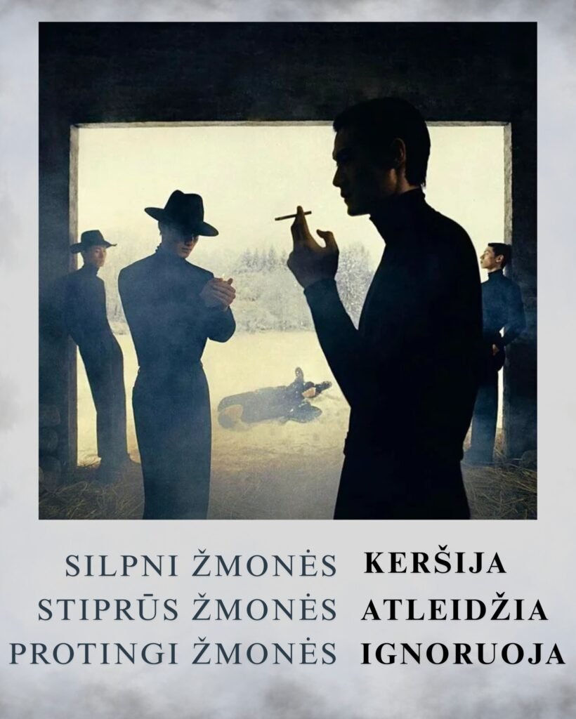 AI paveikslėlis iliustuoja: silpnas žmogus keršija, stiprus žmogus atleidžia ir protingas žmogus ignoruoja