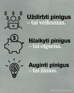 Paveiklslėlis iliustruoja skirtumą ką reiškia uždirbti pinigus, išlaikyti pinigus ir auginti pinigus