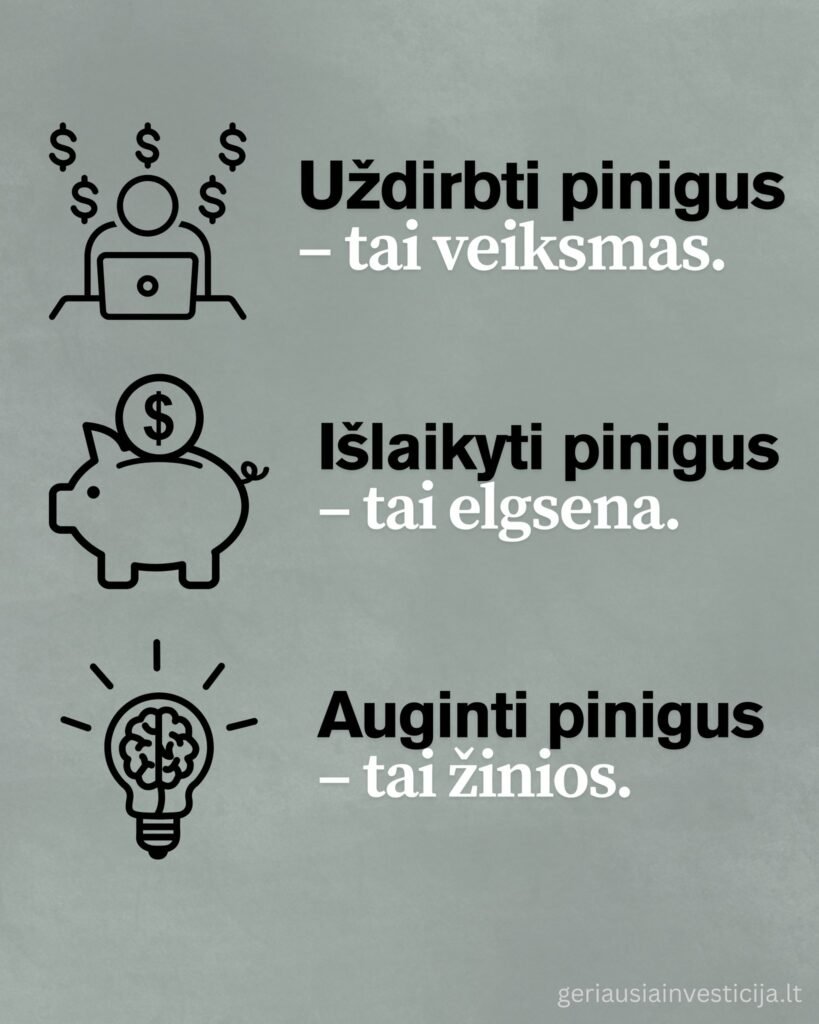 Paveiklslėlis iliustruoja skirtumą ką reiškia uždirbti pinigus, išlaikyti pinigus ir auginti pinigus